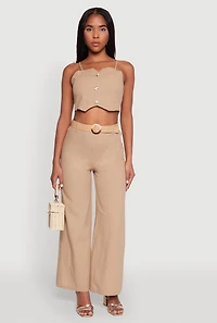 Womens Button Detail Smocked Crop Top, Beige, Size L