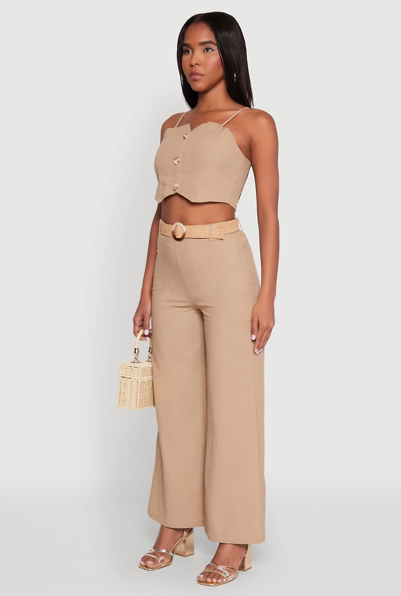 Womens Button Detail Smocked Crop Top, Beige, Size S