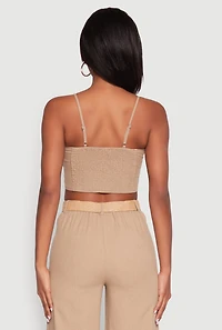 Womens Button Detail Smocked Crop Top, Beige, Size L