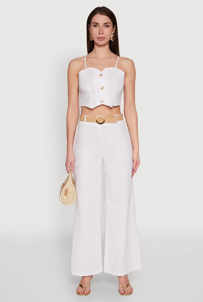 Womens O Ring Belted Wide Leg Pants, White, Size M