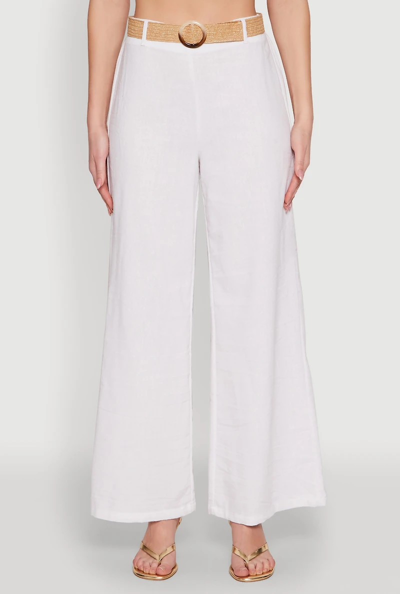 Womens O Ring Belted Wide Leg Pants, White, Size M