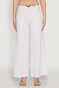 Womens O Ring Belted Wide Leg Pants, White, Size M