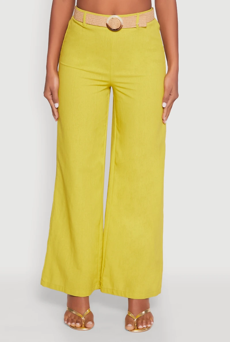 Womens O Ring Belted Wide Leg Pants, Green, Size S