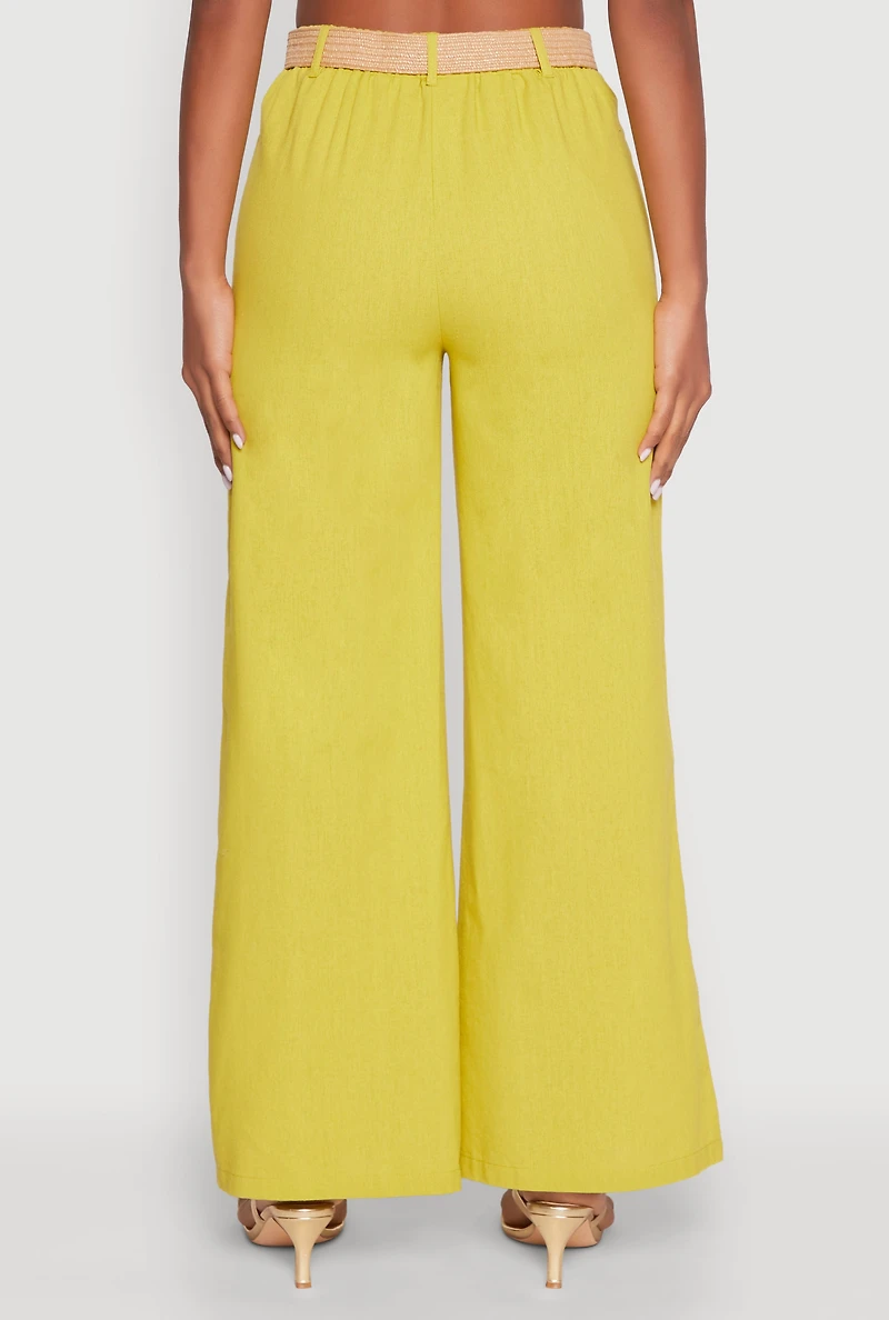 Womens O Ring Belted Wide Leg Pants, Green, Size S