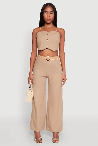 Womens O Ring Belted Wide Leg Pants,