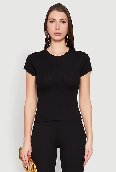 Womens Short Sleeve Rib Knit Tee, Black, Size L