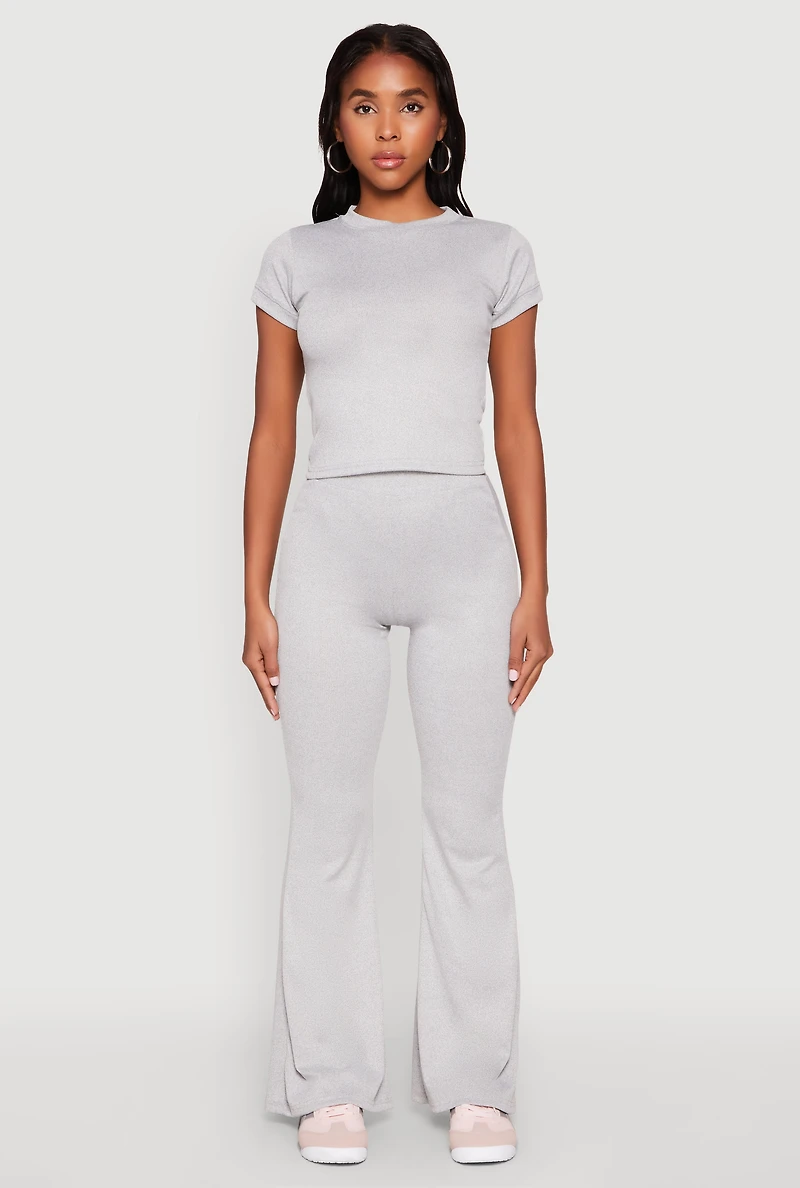 Womens High Waisted Rib Knit Palazzo Pants, Grey, Size L