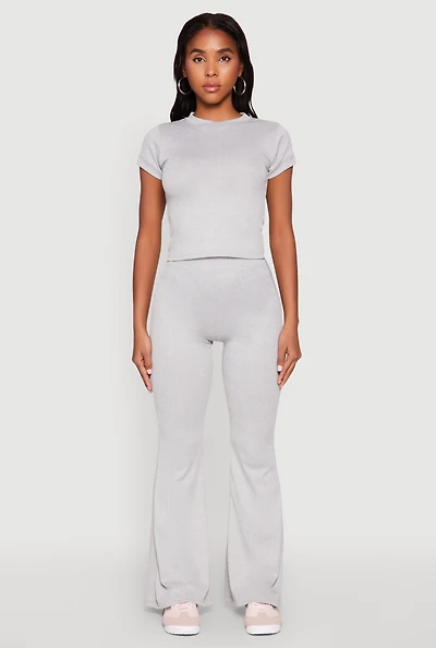 Womens High Waisted Rib Knit Palazzo Pants, Grey, Size L