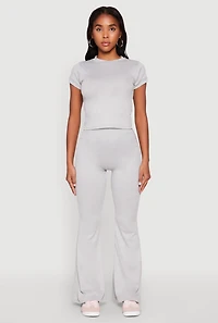 Womens High Waisted Rib Knit Palazzo Pants, Grey, Size L