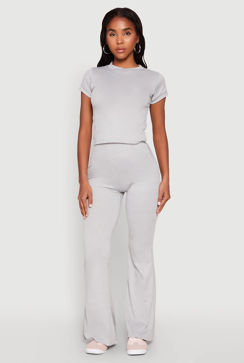 Womens High Waisted Rib Knit Palazzo Pants, Grey, Size L