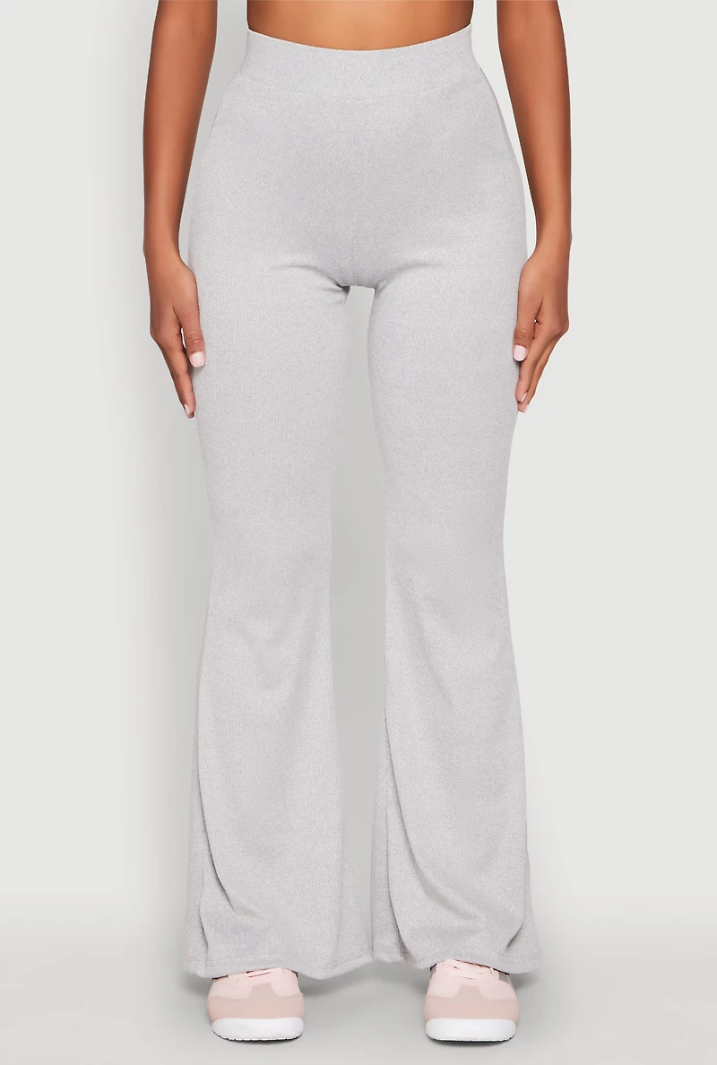 Womens High Waisted Rib Knit Palazzo Pants, Grey, Size L