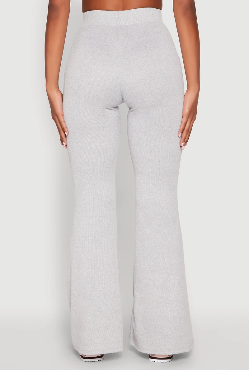 Womens High Waisted Rib Knit Palazzo Pants, Grey, Size L