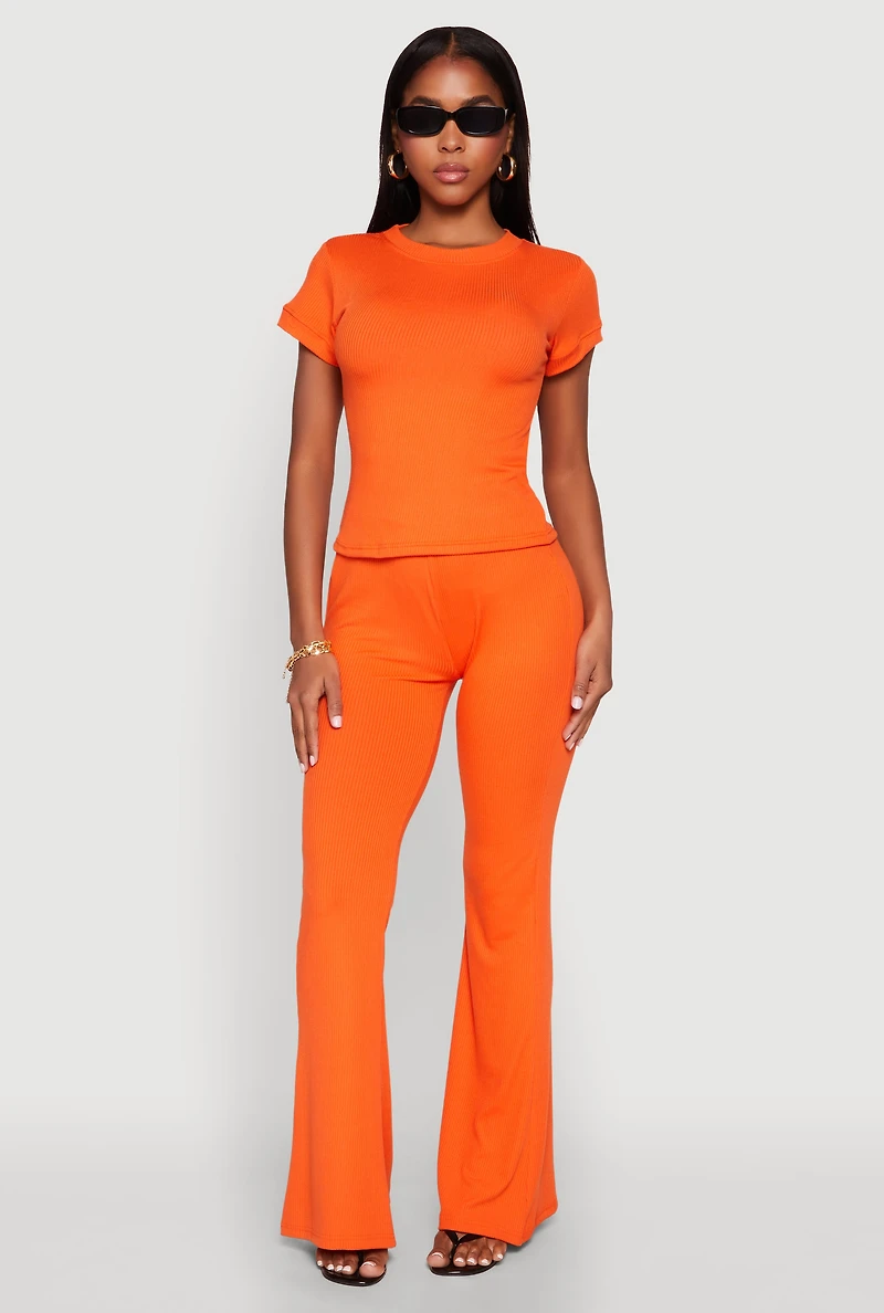 High Waisted Rib Knit Palazzo Pants