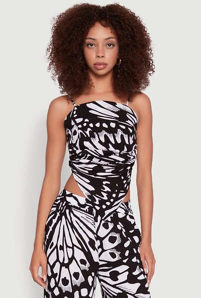 Womens Trendy Abstract Butterfly Print Sleeveless Crop Top, Black, Size L