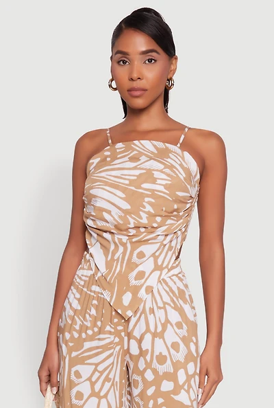 Womens Trendy Abstract Butterfly Print Sleeveless Crop Top, Beige, Size L