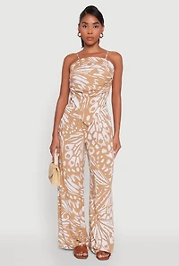 Womens Trendy Abstract Butterfly Print Sleeveless Crop Top, Beige, Size L