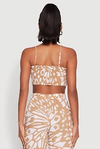 Womens Trendy Abstract Butterfly Print Sleeveless Crop Top, Beige, Size L