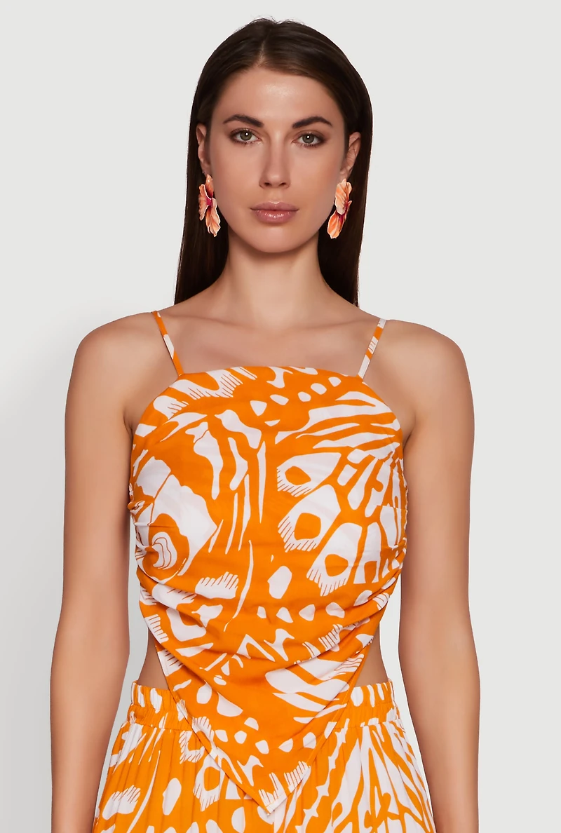 Womens Trendy Abstract Butterfly Print Sleeveless Crop Top, Orange, Size M