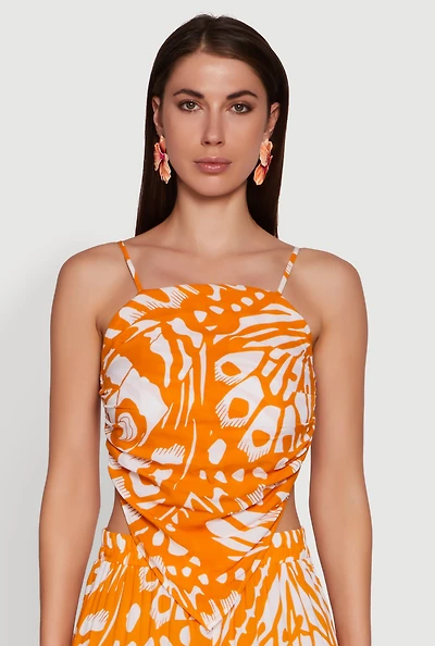 Womens Trendy Abstract Butterfly Print Sleeveless Crop Top, Orange, Size M