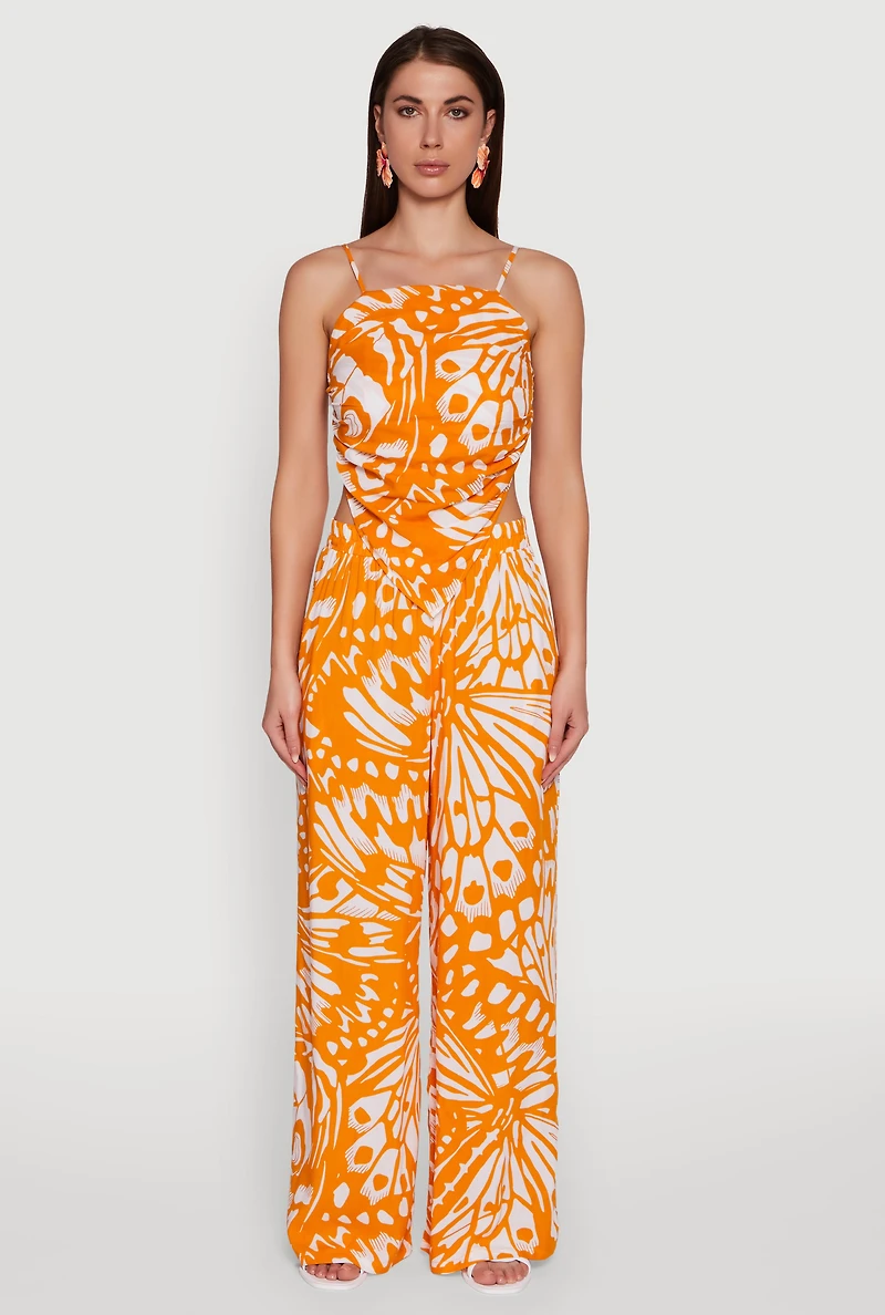 Womens Trendy Abstract Butterfly Print Sleeveless Crop Top, Orange, Size S