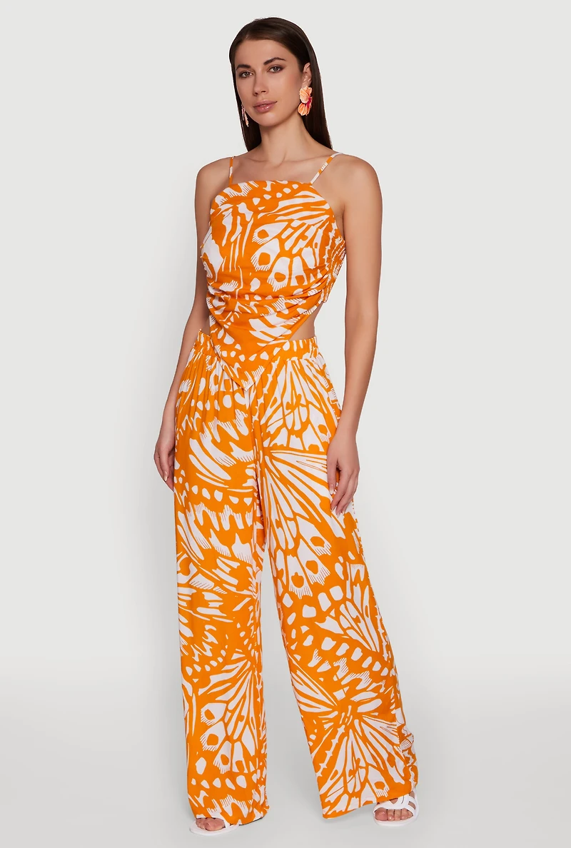 Womens Trendy Abstract Butterfly Print Sleeveless Crop Top, Orange, Size M