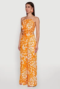 Womens Trendy Abstract Butterfly Print Sleeveless Crop Top, Orange, Size M