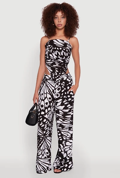 Womens Trendy Abstract Butterfly Print High Waisted Wide Leg Pants,