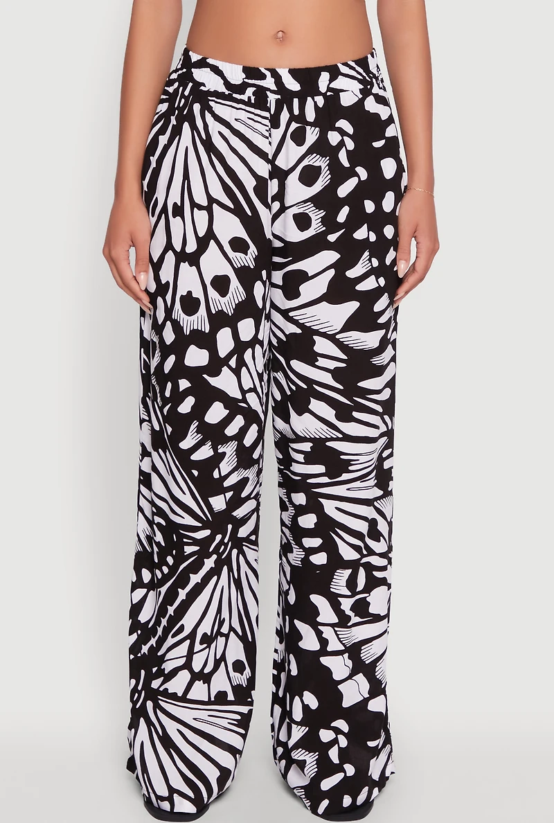 Womens Trendy Abstract Butterfly Print High Waisted Wide Leg Pants, S