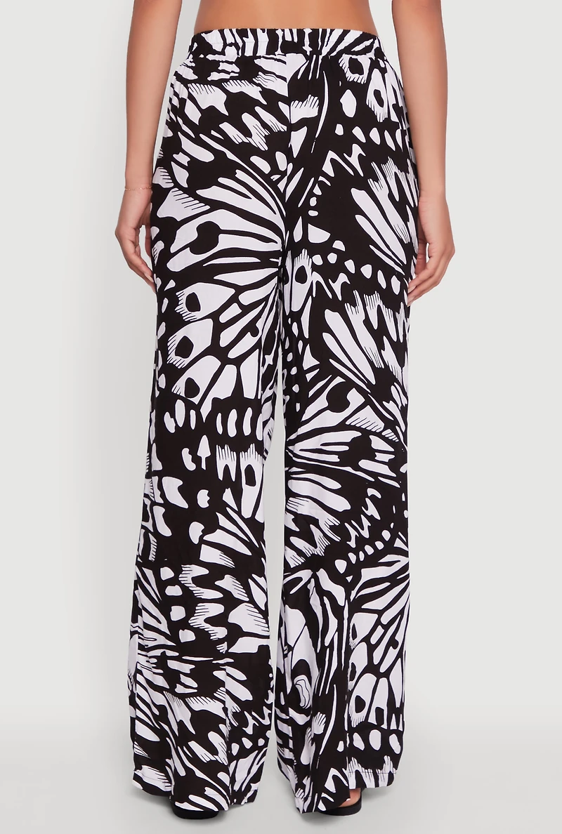 Womens Trendy Abstract Butterfly Print High Waisted Wide Leg Pants, S