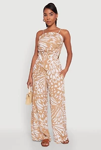 Womens Trendy Abstract Butterfly Print High Waisted Wide Leg Pants, Khaki, Size S