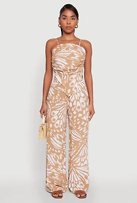 Womens Trendy Abstract Butterfly Print High Waisted Wide Leg Pants, Khaki, Size S