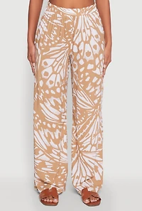 Womens Trendy Abstract Butterfly Print High Waisted Wide Leg Pants, Khaki, Size S