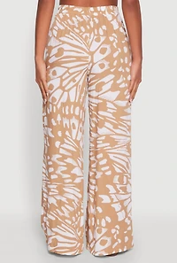 Womens Trendy Abstract Butterfly Print High Waisted Wide Leg Pants, Khaki, Size S