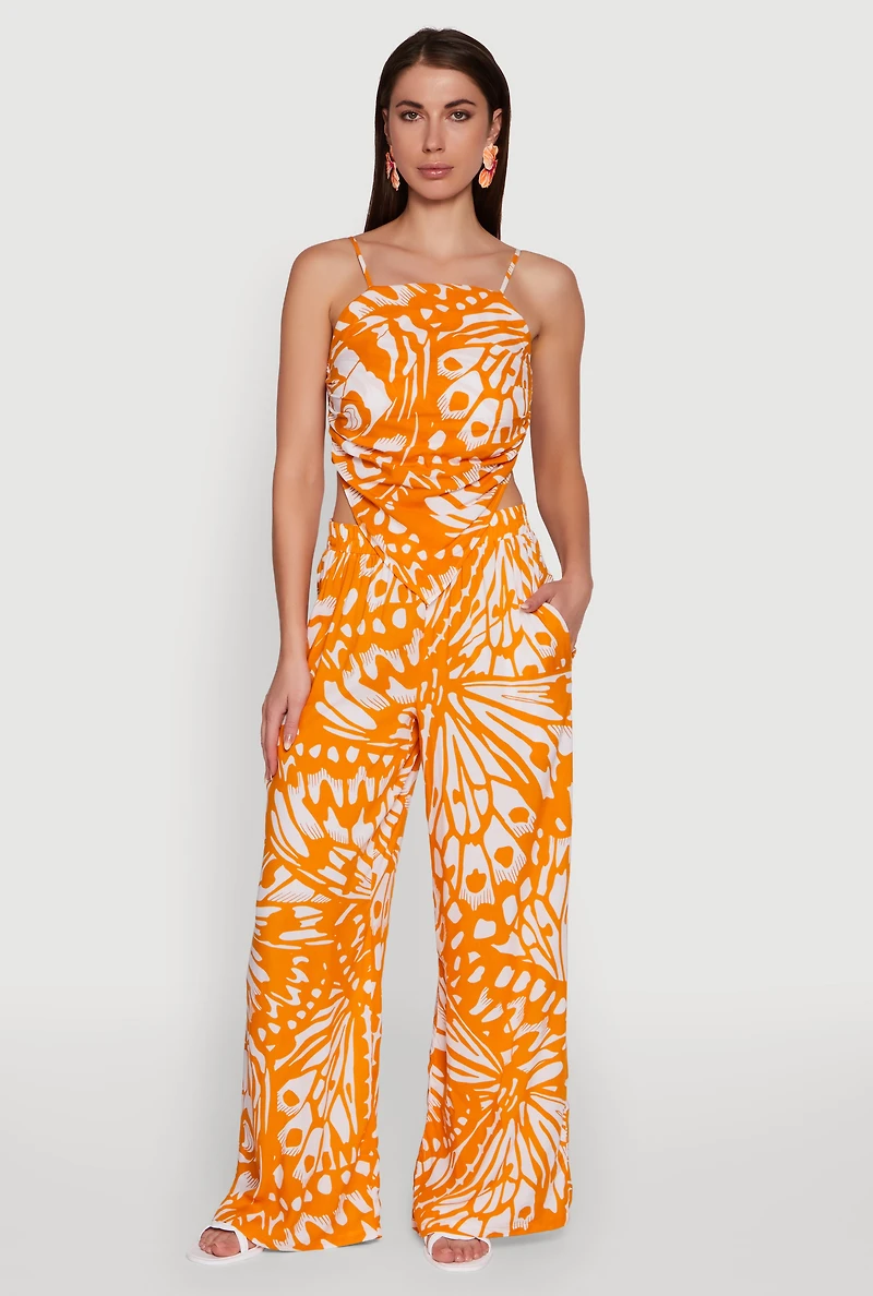Womens Trendy Abstract Butterfly Print High Waisted Wide Leg Pants, Orange, Size L