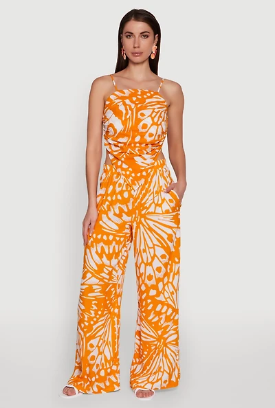 Womens Trendy Abstract Butterfly Print High Waisted Wide Leg Pants, Orange, Size L