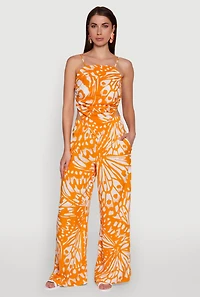 Womens Trendy Abstract Butterfly Print High Waisted Wide Leg Pants, Orange, Size L