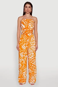 Womens Trendy Abstract Butterfly Print High Waisted Wide Leg Pants, Orange, Size L