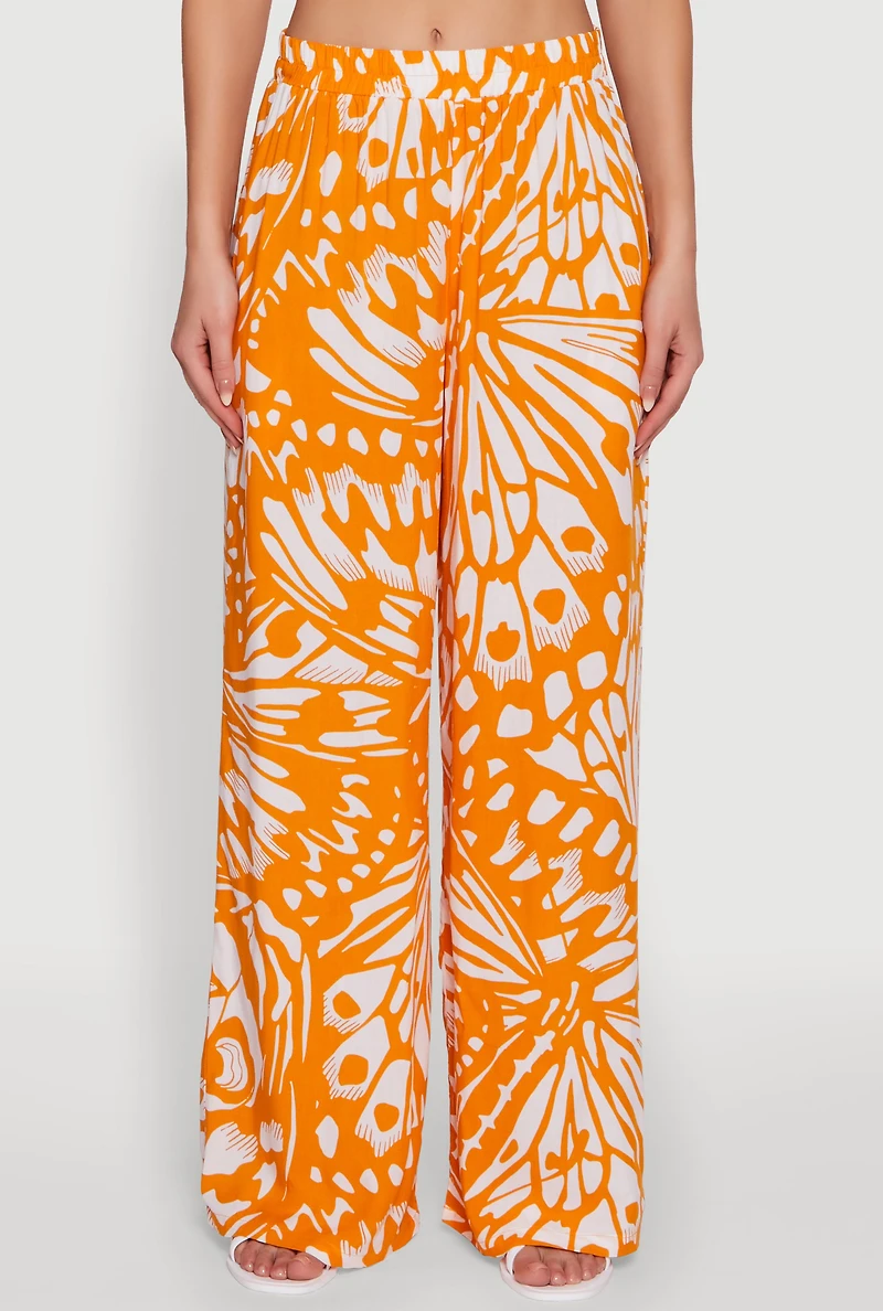 Womens Trendy Abstract Butterfly Print High Waisted Wide Leg Pants, Orange, Size L