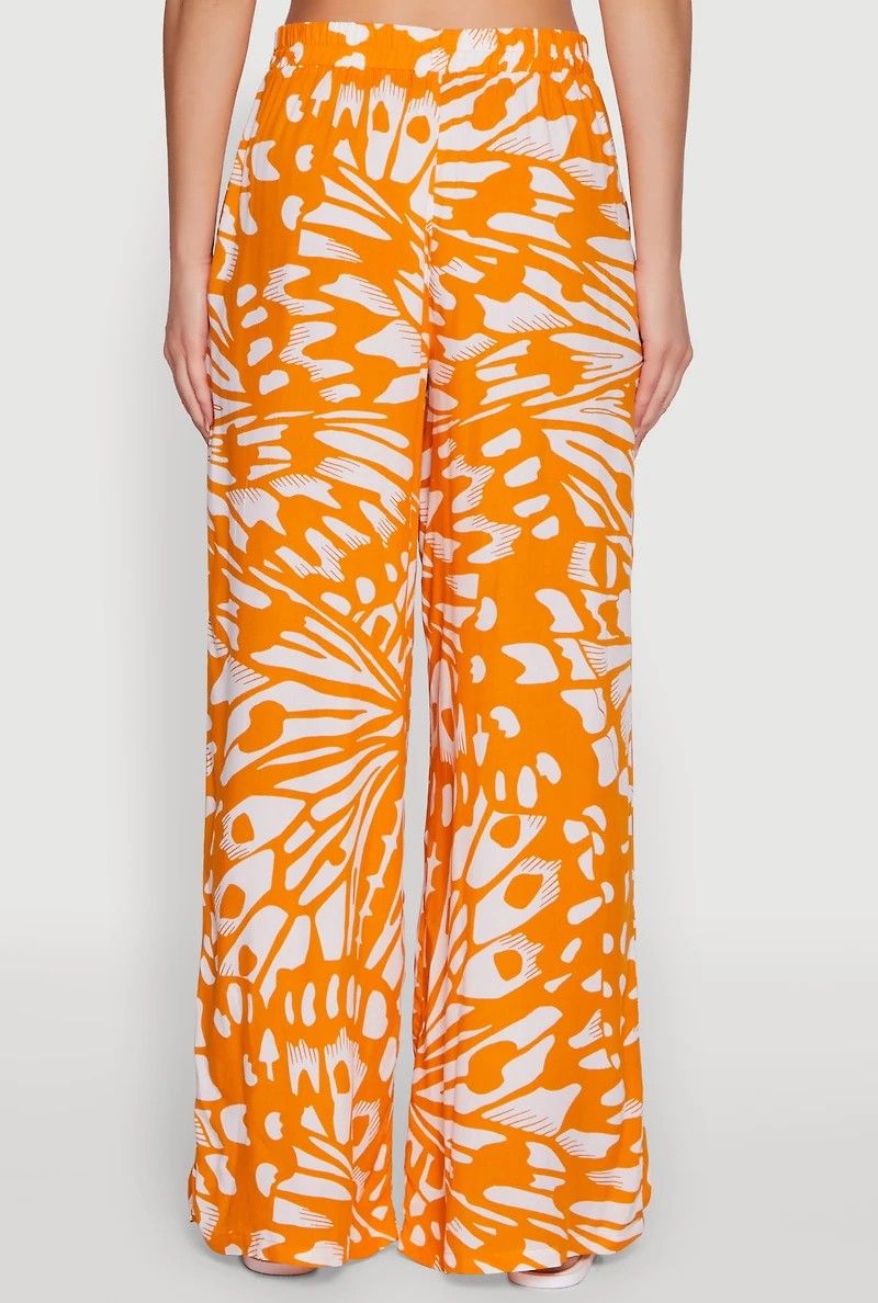 Womens Trendy Abstract Butterfly Print High Waisted Wide Leg Pants, Orange, Size L