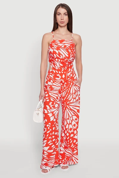 Womens Trendy Abstract Butterfly Print High Waisted Wide Leg Pants, Orange,