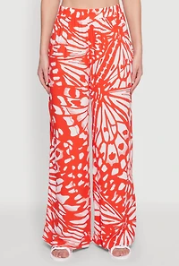 Womens Trendy Abstract Butterfly Print High Waisted Wide Leg Pants, Orange,