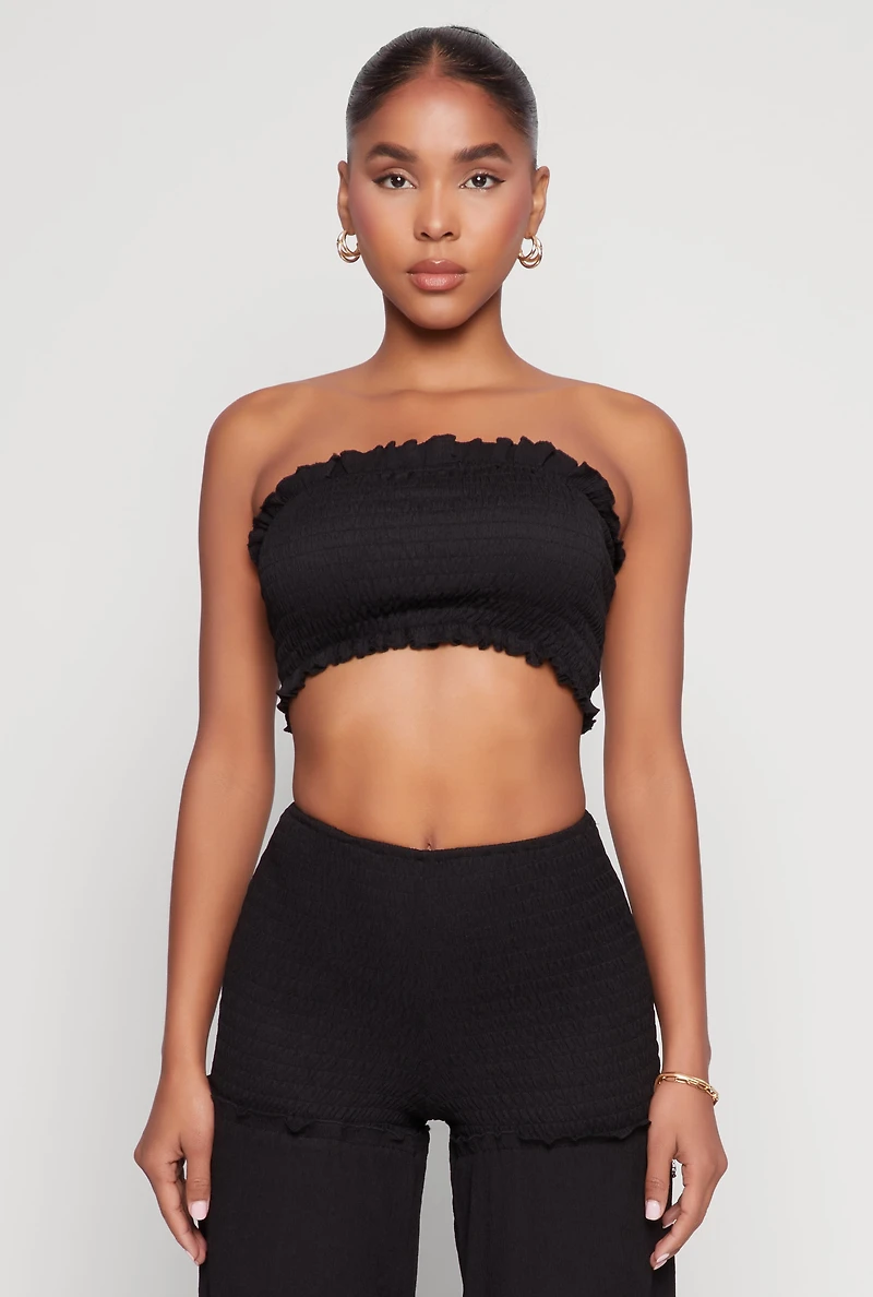 Womens Ruffle Hem Smocked Tube Top, Black, Size L