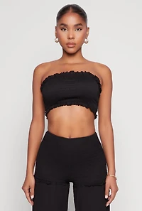 Womens Ruffle Hem Smocked Tube Top, Black, Size L