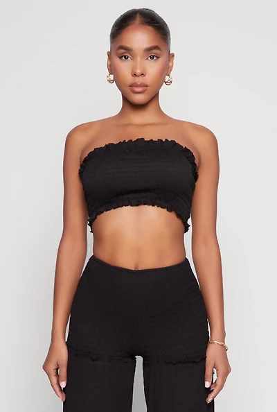 Womens Ruffle Hem Smocked Tube Top, Black, Size M