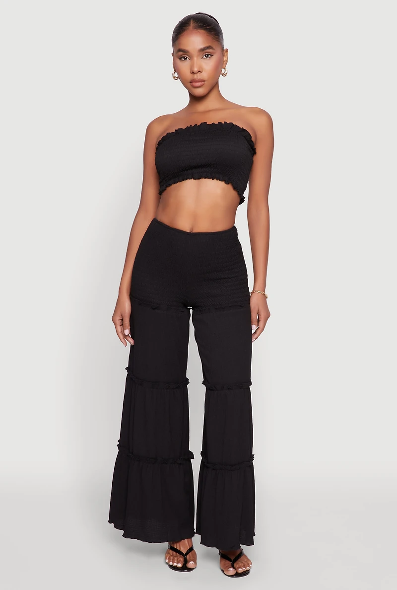 Womens Ruffle Hem Smocked Tube Top, Black, Size L