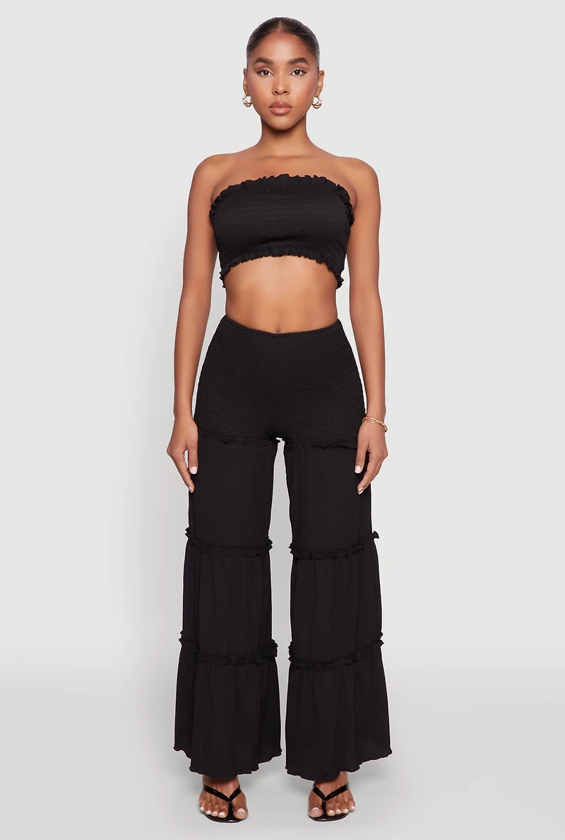Womens Ruffle Hem Smocked Tube Top, Black, Size L