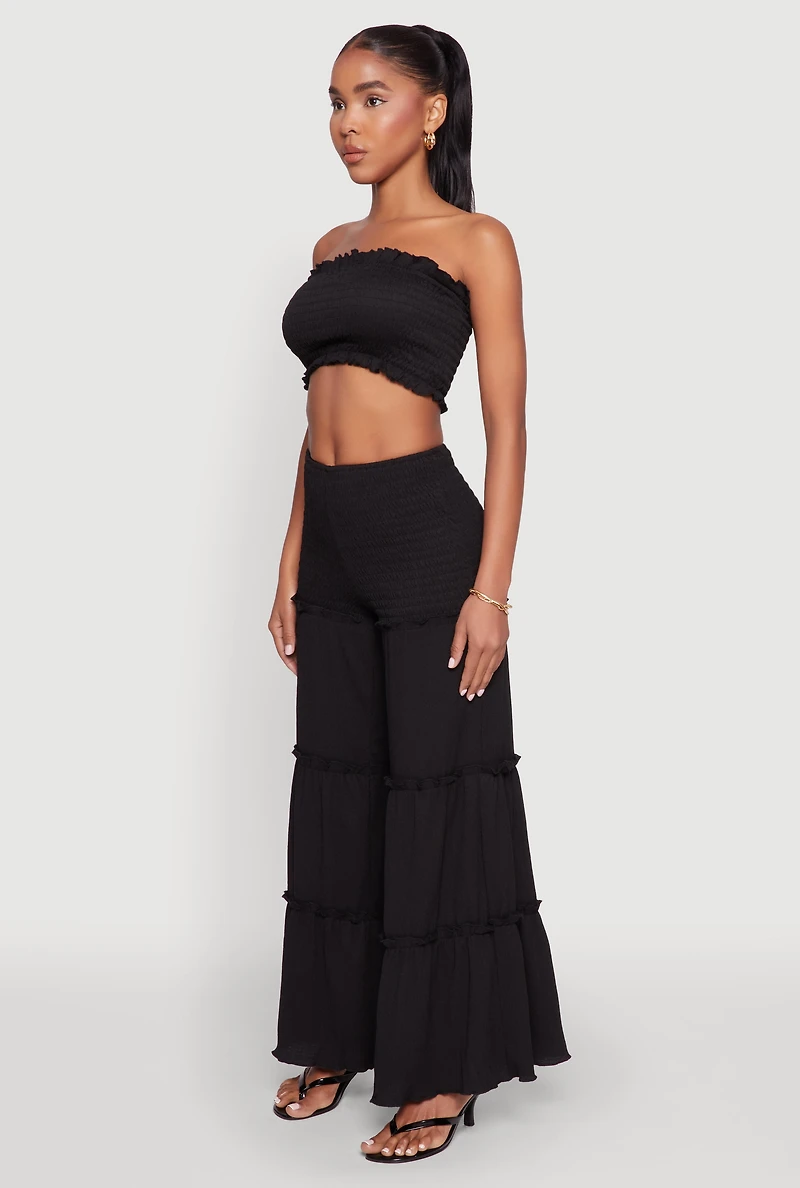 Womens Ruffle Hem Smocked Tube Top, Black, Size L