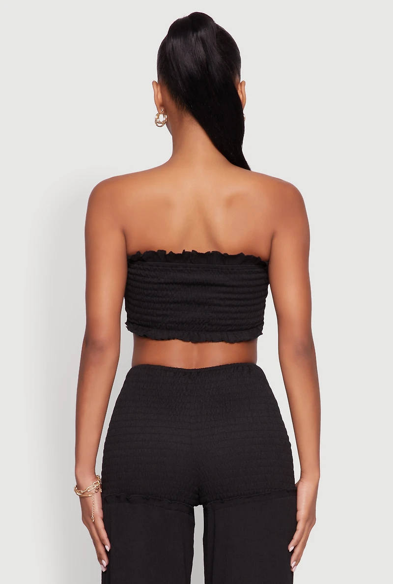 Womens Ruffle Hem Smocked Tube Top, Black, Size L
