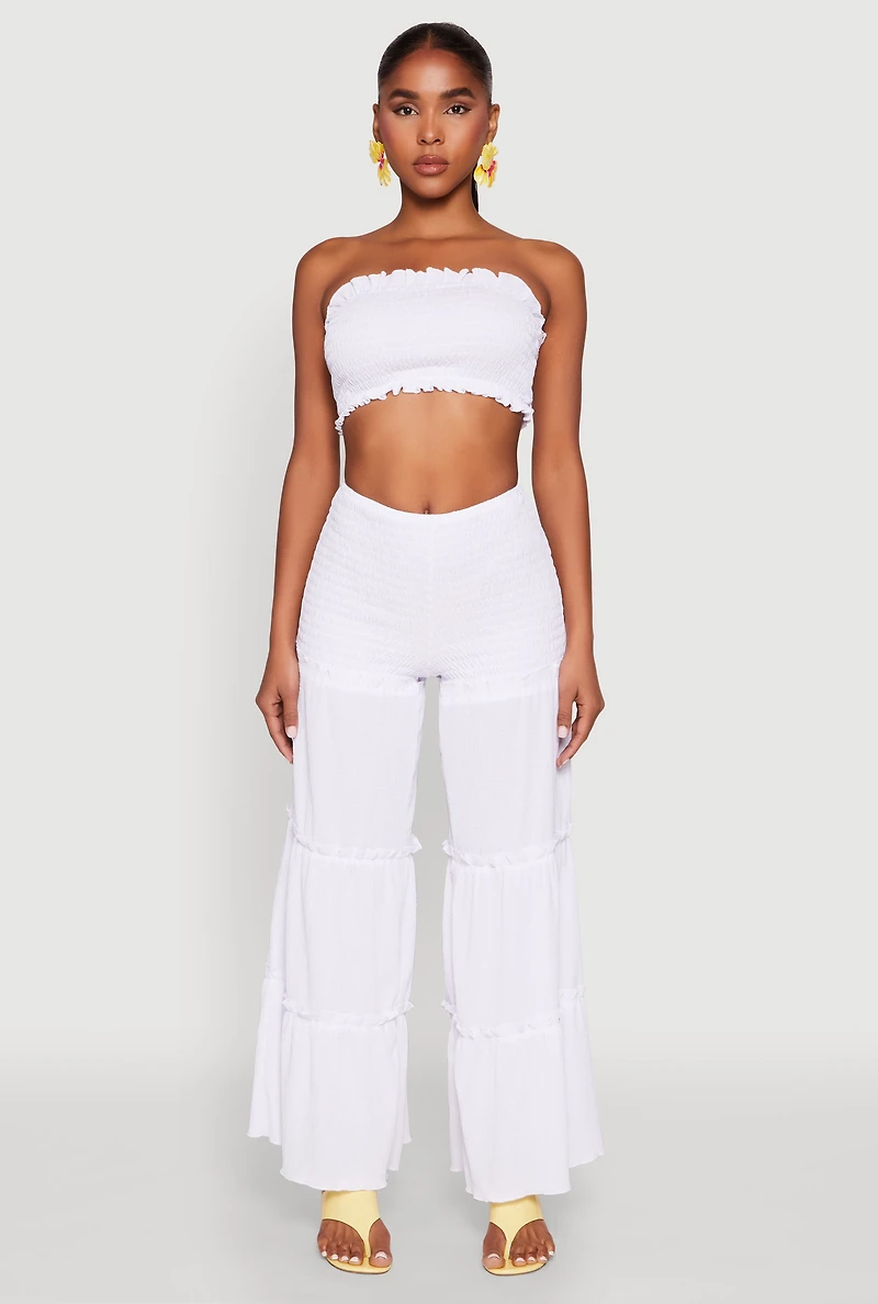 Womens Ruffle Hem Smocked Tube Top, White, Size L