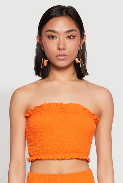 Womens Ruffle Hem Smocked Tube Top, Orange, Size S